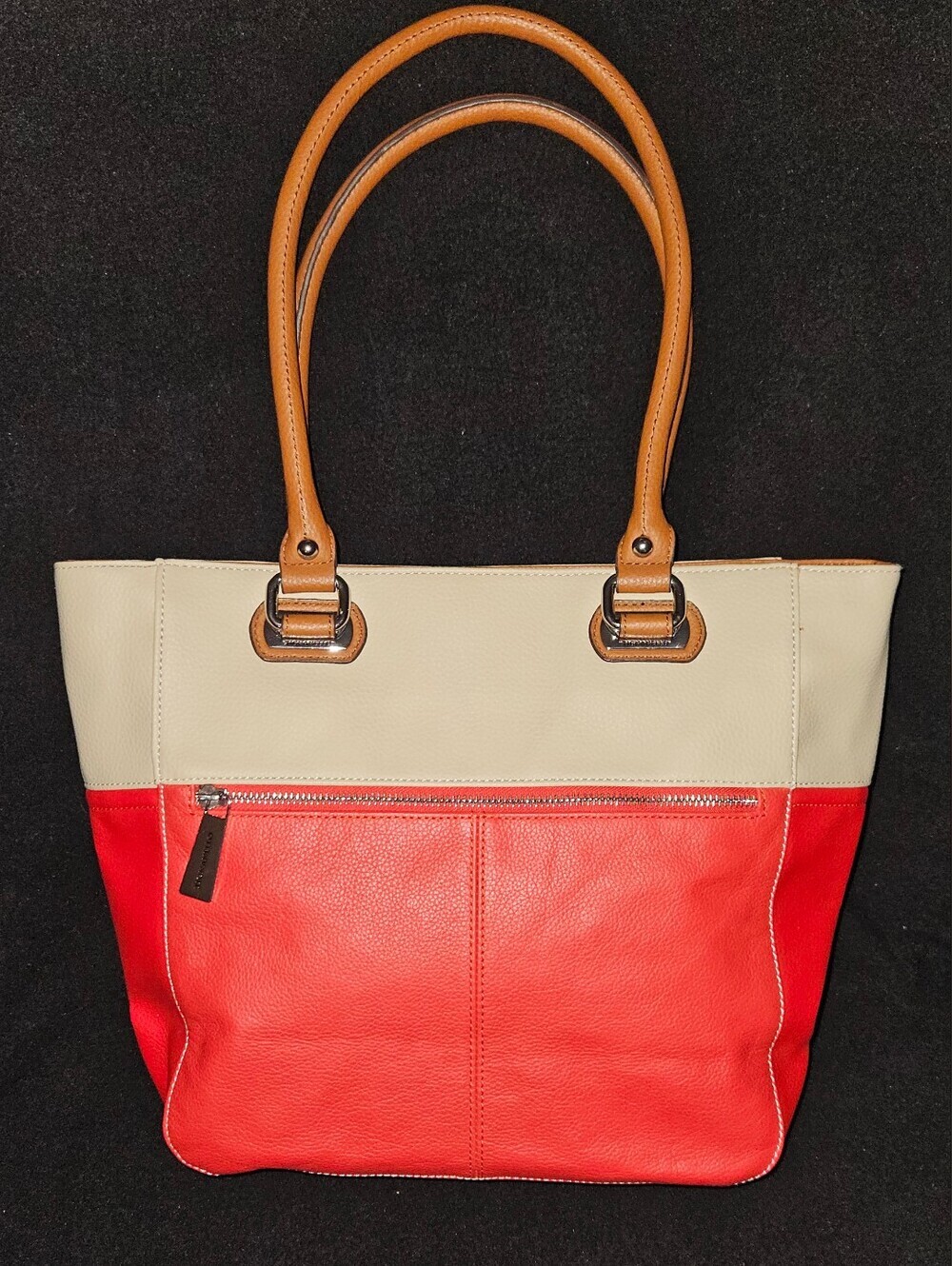 Tignanello Red & Cream Pebble Leather Tote Bag w/Tan Handles